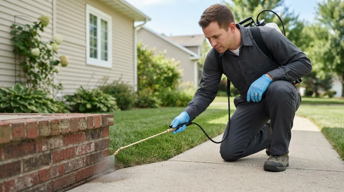 Pest control technician treating a home near Grand Rapids, OH